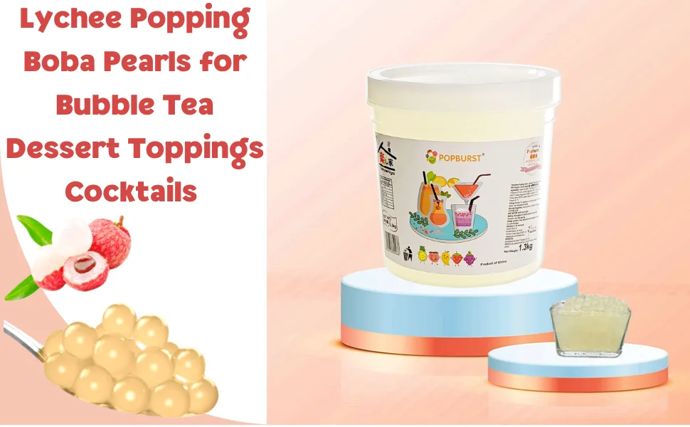 Tanoshiya Lychee Popping Boba Pearls for Bubble Tea Dessert Toppings Cocktails - 1.3KG (Pack of 6) - Lychee Flavour Popping Boba Tapioca Pearl