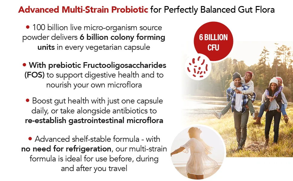 Probiotic 6 Billion Multi-Strain Live Bio Cultures Complex with Prebiotic 60 Vegetarian Capsules. Probiotic Capsule - 60 Pack - Advanced Multi-Strain Probiotic for Perfectly Balanced Gut Flora