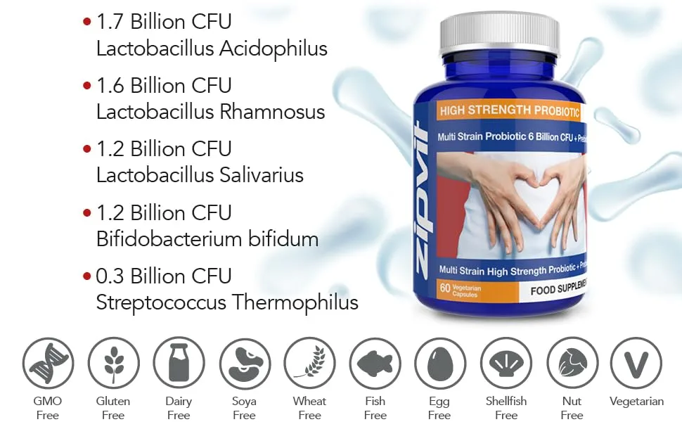 Probiotic 6 Billion Multi-Strain Live Bio Cultures Complex with Prebiotic 60 Vegetarian Capsules. Probiotic Capsule - 60 Pack - Lactobacillus Acidophilus Lactobacillus Rhamnosus Lactobacillus Salivarius Bifidobacterium bifidum