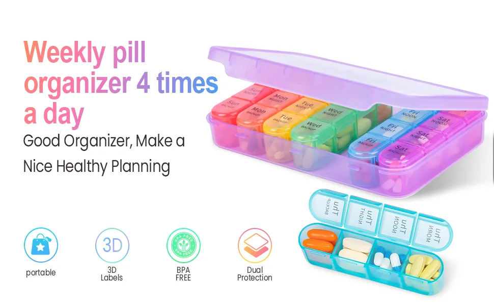 Pill Box 4 Times a Day 7 Days Pill Organiser Box with 28 Compartments Weekly Pill Case for Morning Noon Evening and Bed Time (Purple) - weekly pill box 4 times a day