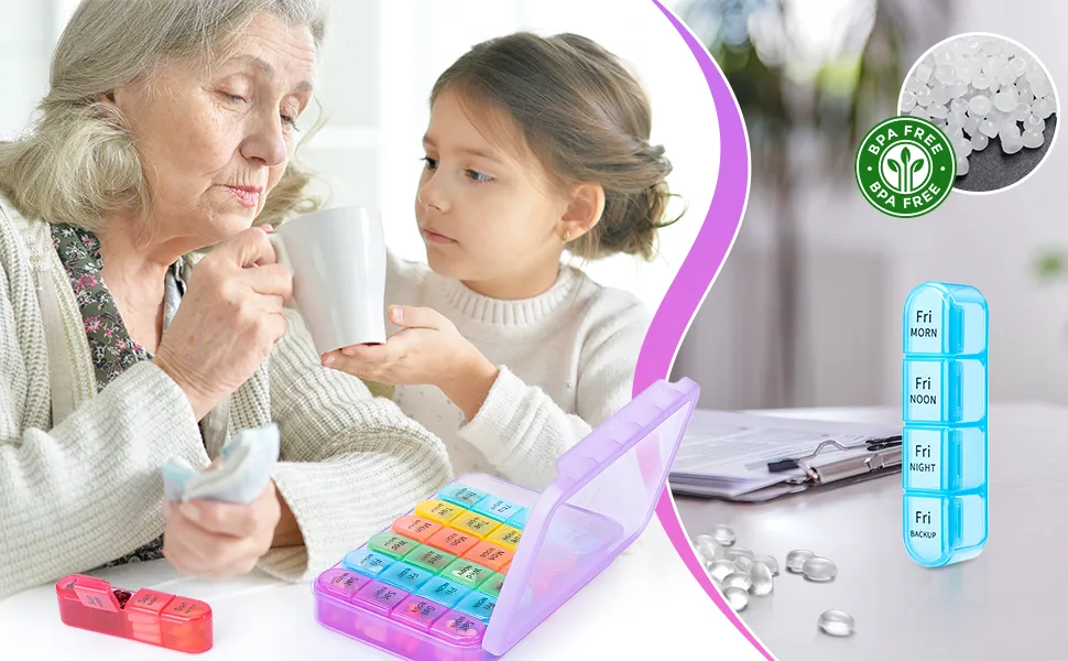 Pill Box 4 Times a Day 7 Days Pill Organiser Box with 28 Compartments Weekly Pill Case for Morning Noon Evening and Bed Time (Purple) - weekly pill box 4 times a day