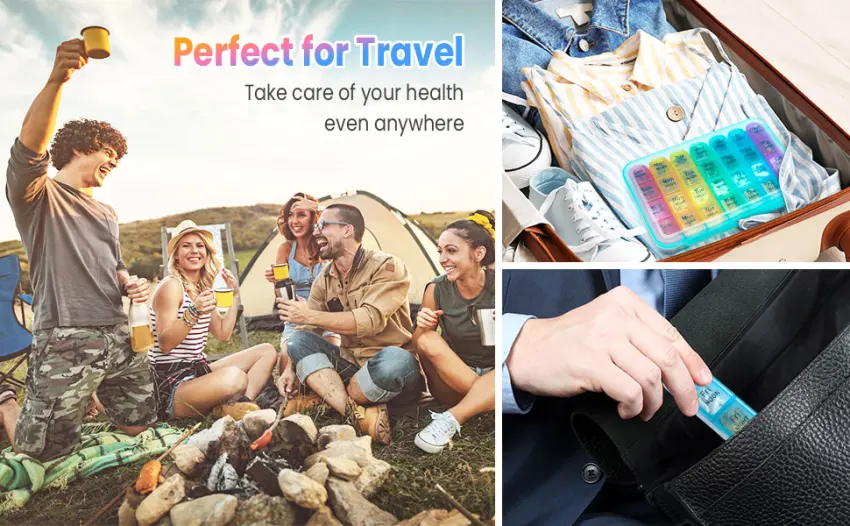 Pill Box 4 Times a Day 7 Days Pill Organiser Box with 28 Compartments Weekly Pill Case for Morning Noon Evening and Bed Time (Cyan) - Take it to trip