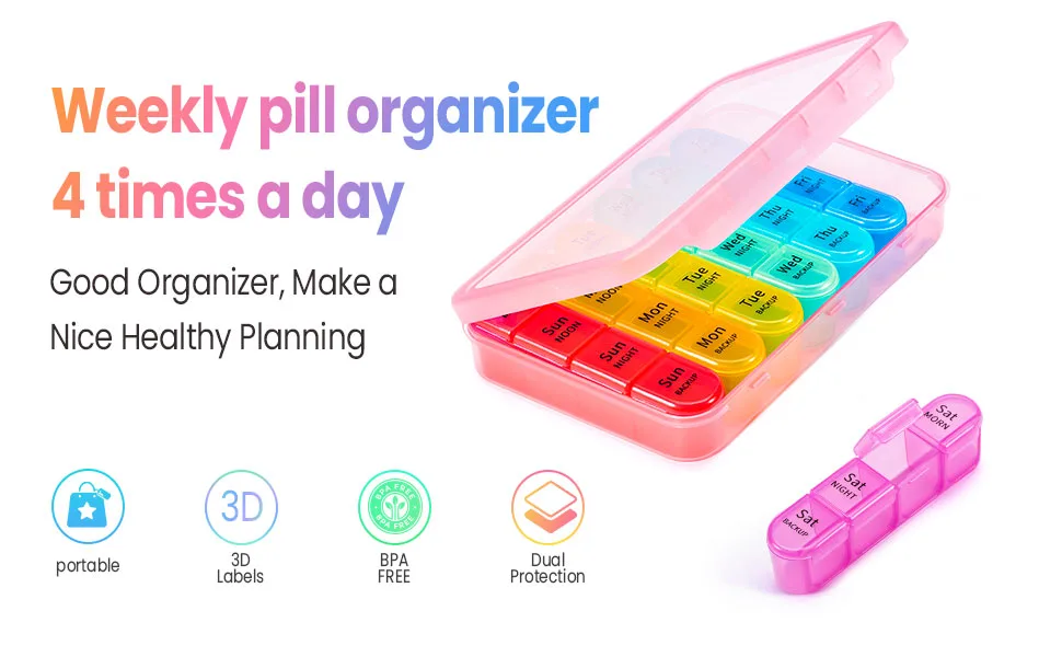 Pill Box 4 Times a Day 7 Days Pill Organiser Box with 28 Compartments Weekly Pill Case for Morning Noon Evening and Bed Time (Pink) - Weekly pill organizer 4 times a day