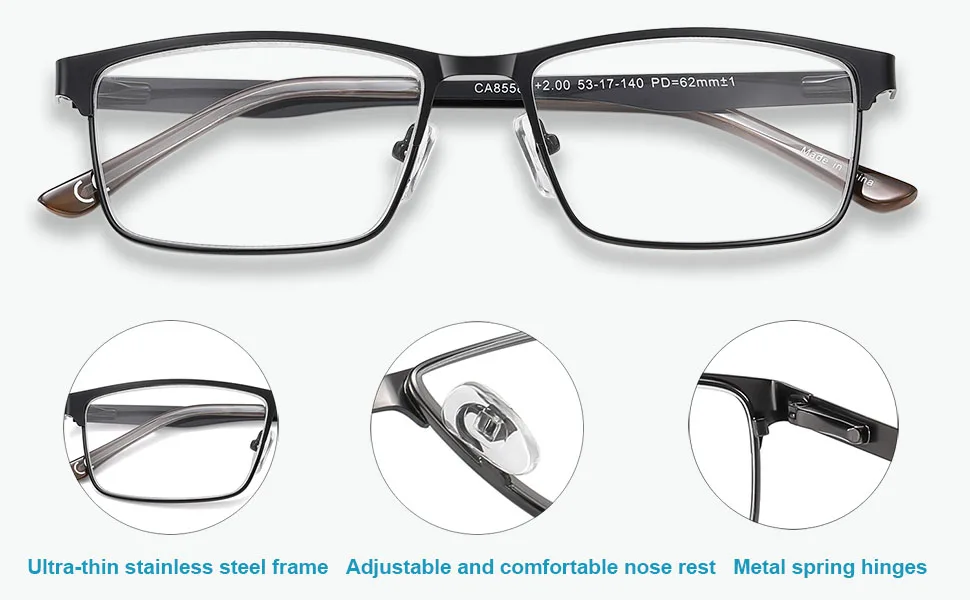 Amcedar 5-Pack Reading Glasses Men Metal Frame Rectangle Style Stainless Steel Material Spring Hinges Includes Computer Readers +1.50 +1.50 Magnification (Pack of 5) 5 Pairs Mix - Reading Glasses