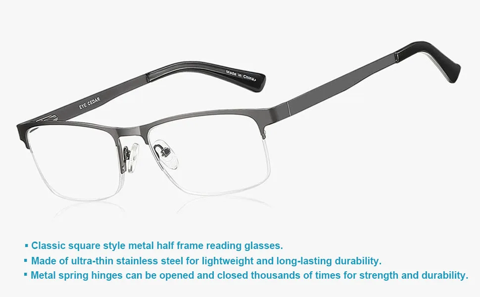 EYECEDAR 5-Pack Reading Glasses for Men Metal Gunmetal Half Frame Spring Hinges Eyeglasses Readers 1.50 Metal Grey 1.5 x - Reading Glasses
