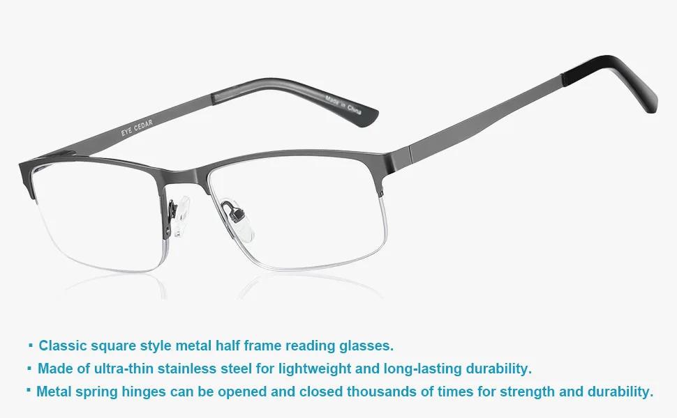 EYECEDAR 5-Pack Reading Glasses Men Blue Light Blocking Half Frame Rectangle Style Spring Hinges Readers 3.00 Metal Grey 3.0 x - Blue Light Blocking Reading Glasses