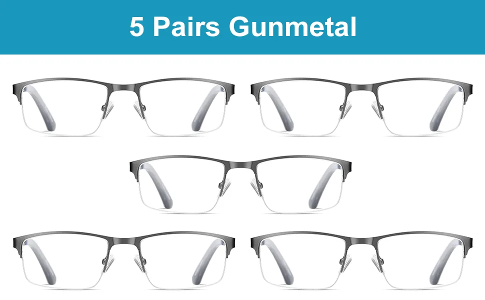 EYECEDAR 5-Pack Reading Glasses Men Blue Light Blocking Half Frame Rectangle Style Spring Hinges Readers 1.00 Metal Grey 1.0 x - Blue Light Blocking Reading Glasses