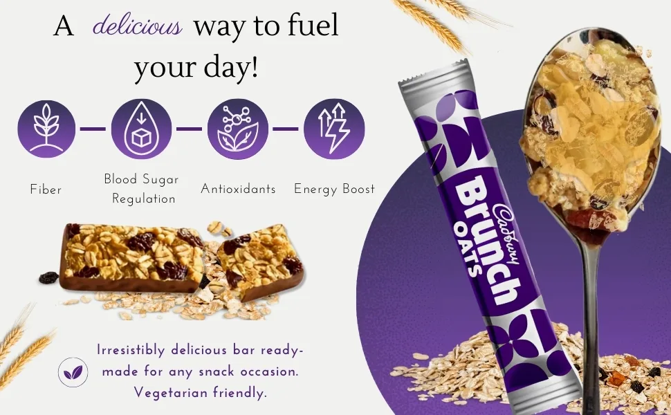 Cereal Bars Bundle With 5x Cadbury Brunch Raisin Cereal Bar 5x32g | Suitable for vegetarians | On The Go Snacks - oats; chocolate bars multipack; mini eggs; creme eggs; gift for women; sweets