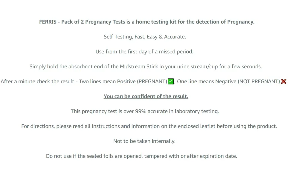 FERRIS | Pack of 2 Pregnancy Tests Early Response Home Testing Kit Early Family Planning Quick Result & Easy Detection | Over 99% Accuracy - Discreet Packaging 2pk Pregnancy Tests - Description