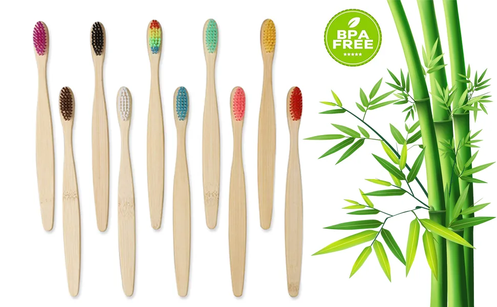 GeekerChip Bamboo Toothbrush 10 Colors Bamboo Toothbrush Natural Soft Bristles Ecological and 100% Biodegradable 10 count (Pack of 1) - product information 2