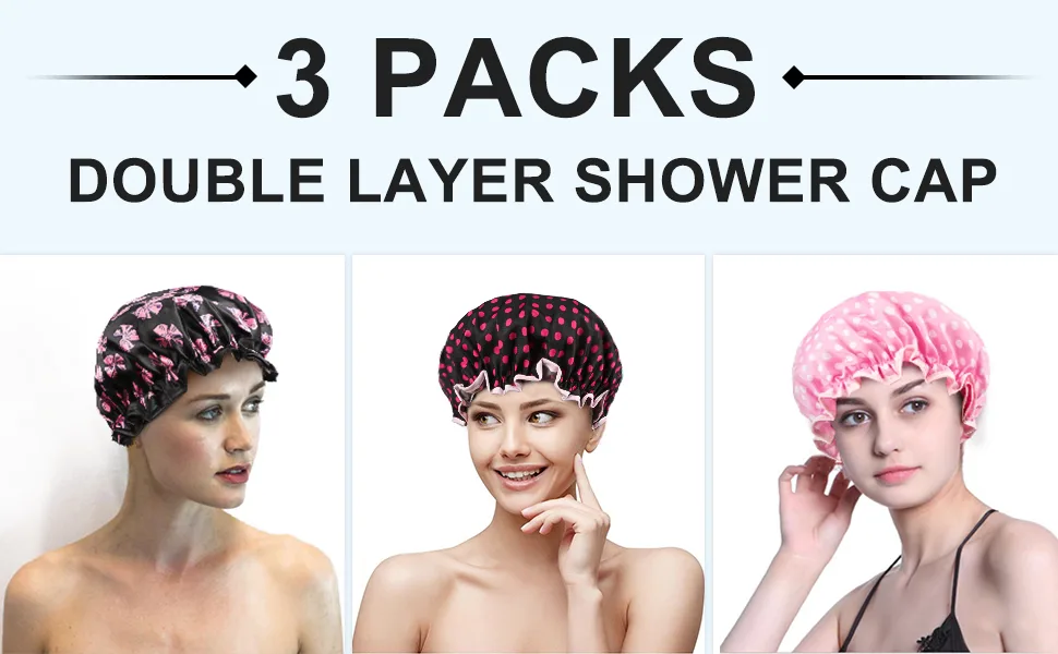PrettyDate 3 Packs Double layer Shower Cap Waterproof Elastic Bath Cap for Women Shower Spa Salon 3Packs - shower caps
