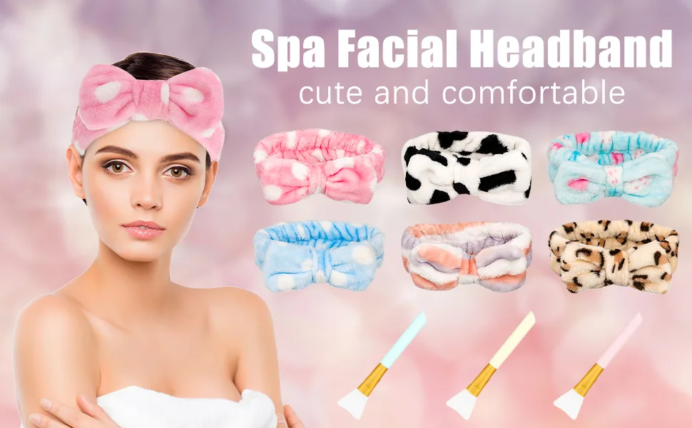 metagio 6 Pack Spa Makeup Headbands Super Absorption Hair Bands Elastic Coral Head Wrap Adjustable Soft Facial Headband with 3PCS Silicone Brushes - product information 2