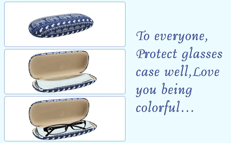 SwirlColor Glasses Case Bohemia Elephant Print Glasses Case Hard Shell with Blue Cleaning Cloth (Blue Glasses Case) - product information 3
