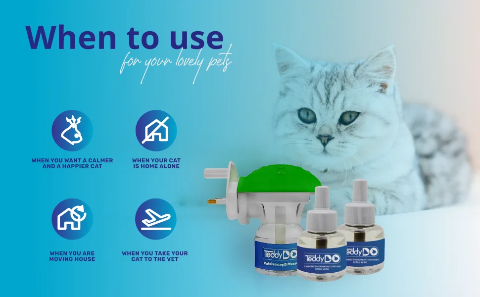 TeddyDo Calming Diffuser Refill for Cats | Pack of Two| 60 Days Kit | Reduce Spraying Scratching and Other Problematic Behaviors | Calming and Relaxing Effect | 2x48 ml | - When to use