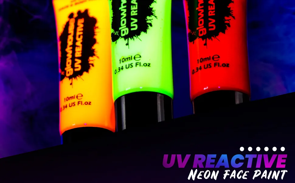 The Glowhouse UV Neon Face Paint and Body Paint Set (Pack of 6) Fluorescent Brightest Glow under UV! - Bright Neon Glow