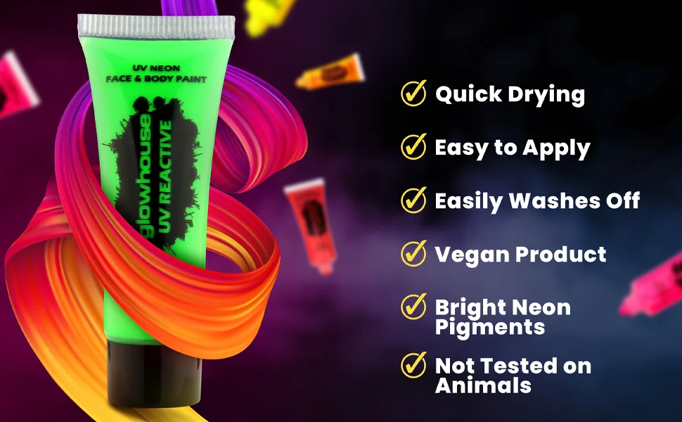 The Glowhouse UV Neon Face Paint and Body Paint Set (Pack of 6) Fluorescent Brightest Glow under UV! - Features