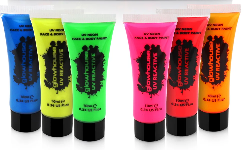 The Glowhouse UV Neon Face Paint and Body Paint Set (Pack of 6) Fluorescent Brightest Glow under UV! - Neon Face Paint