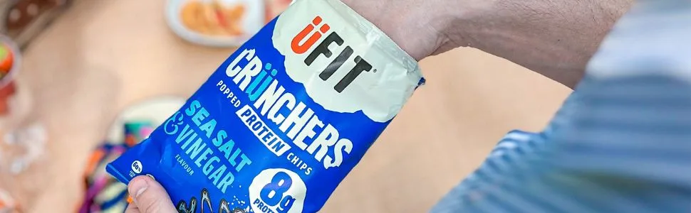 UFIT Crunchers Popped Chips High Protein Healthy Crisps - Smokin' BBQ Flavour (Box of 18 x 35g) - bottom crunchers