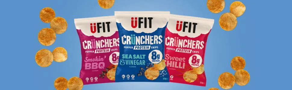 UFIT Crunchers Popped Chips High Protein Healthy Crisps - Smokin' BBQ Flavour (Box of 18 x 35g) - crunchers top