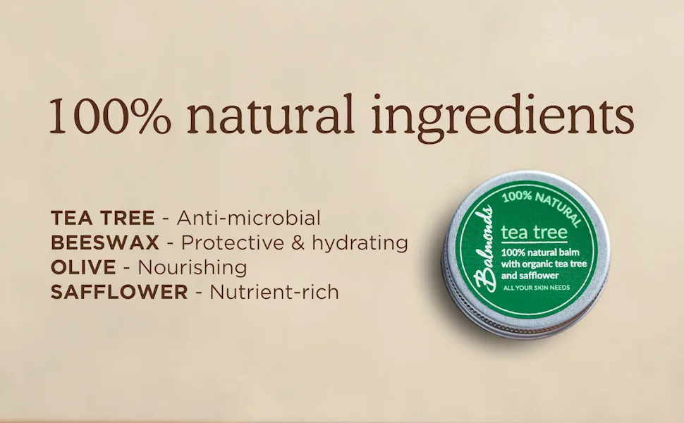 Balmonds Tea Tree Balm for Cold Sores Fungal Conditions Acne Spots and Insect Bites (50ml) 50 ml (Pack of 1) - ingredients