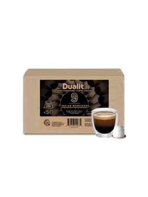 Dualit Indian Monsoon Home Compostable Capsules - 50 pack - 50 Servings of Eco Friendly Single Origin Coffee Pods - 100% Home Compostable Capsules - Indian Monsoon Capsules