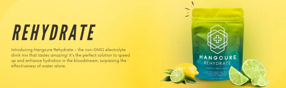 Hangcure Rehydrate Hydration Powder Electrolyte Drink Mix Fast Recovery Lemon Lime Flavour with High Strength NAC Vitamin C Magnesium. Hypotonic Effervescent Mix. 10 servings per sachet. - rehydrate lemon and lime electrolyte powder