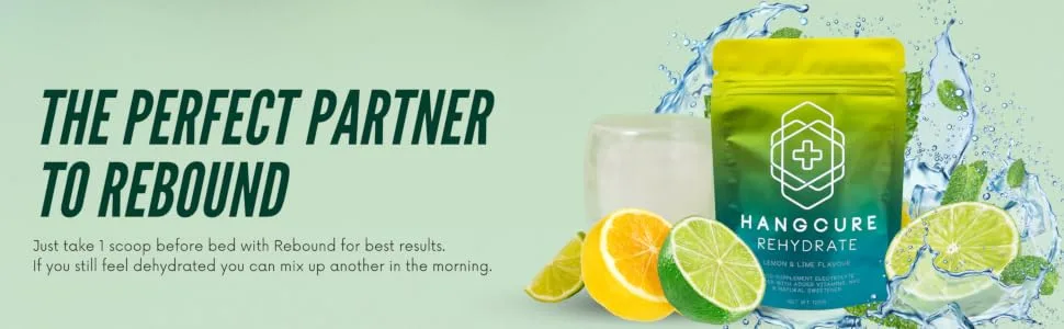 Hangcure Rehydrate Hydration Powder Electrolyte Drink Mix Fast Recovery Lemon Lime Flavour with High Strength NAC Vitamin C Magnesium. Hypotonic Effervescent Mix. 10 servings per sachet. - rehydrate lemon and lime electrolyte powder
