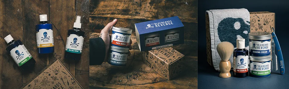 The Bluebeards Revenge Skincare Starter Set Vegan Friendly Gift Set includes Face Scrub (150ml) Cooling Moisturiser (150ml) - 2 Piece Travel Shower Essentials Set - BBR Gift Sets Banner