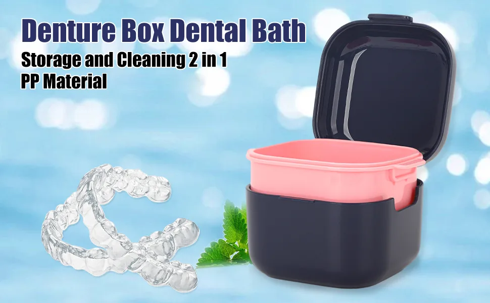 Denture Box Dental Bath with Strainer Portable False Teeth Storage Container Dual Purpose Hygienic Denture Case for Storage and Immersion of Mouthguards Retainers and Dental Appliances (Blue) - Denture Box Dental Bath with Strainer
