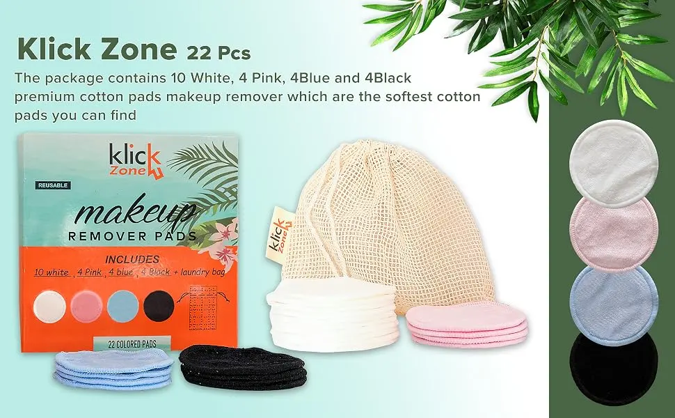 Klick Zone 22 Pcs Reusable Makeup Remover Pads with Washable Mesh Bag - Premium Reusable Face Pads for All Skins - Eco-Friendly Reusable Cotton Pads - make up removable pads