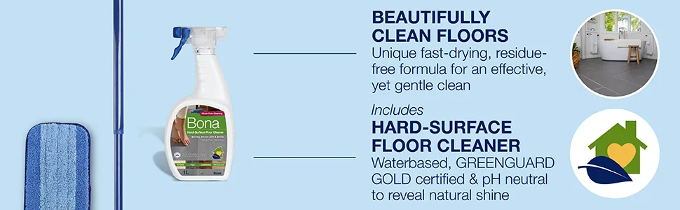 Bona Multi Surface Floor Cleaning Kit includes Mop Machine Washable Mop Pad and Bona Hard Surface Floor Cleaner Liquid 1 Litre - bona, hard surface, cleaning kit, floor cleaning kit, starter kit, stone, tile, laminate, lvt