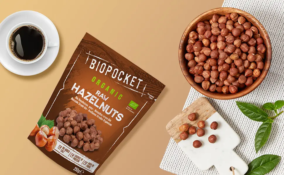 Biopocket Organic Raw Hazelnuts 3 x 250 g - raw hazelnut, roasted hazelnut, hazelnut, organic hazelnut, organic roasted hazelnut, food to live