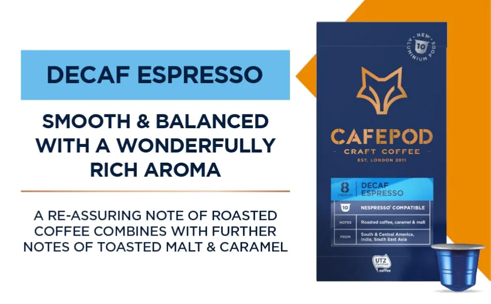 CafePod Craft Coffee Nespresso Compatible Aluminium Pods - UTZ Certified (Decaf x 10 Pods) - Decaf Espresso Information