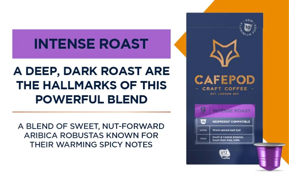 CafePod Craft Coffee Nespresso Compatible Aluminium Pods - UTZ Certified (Intense x 10 Pods) - Intense Roast Information