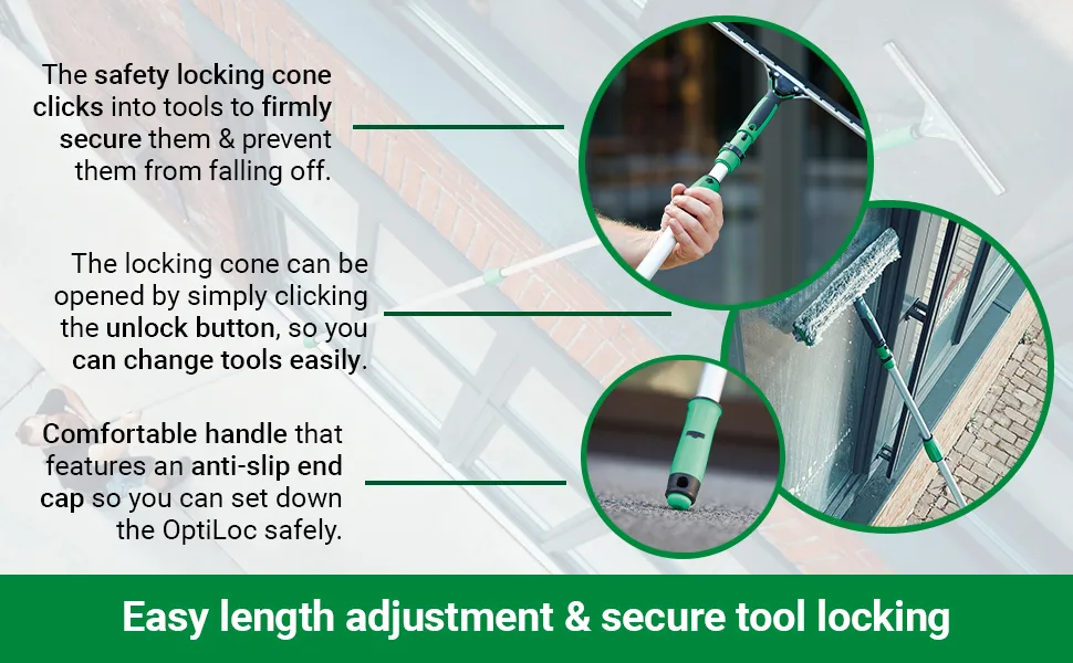 Unger ED450 OptiLoc Telescopic Window Cleaning Pole/Multi-Use Extension Pole - 4.5m 3 Section - UNGER Window Cleaning Equipment silver Single 4.5 m Pole - The safety locking cone is easy to use and clicks into tools to keep them secure.