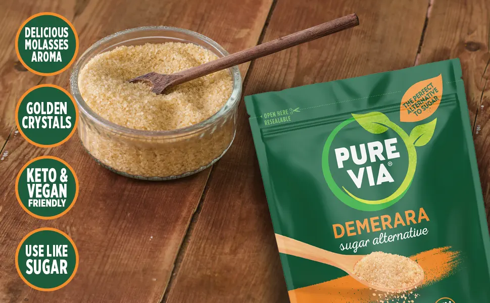 Pure Via Demerara Sugar Alternative with Erythritol and Stevia vegan & keto friendly 5 x 200g - Demerara