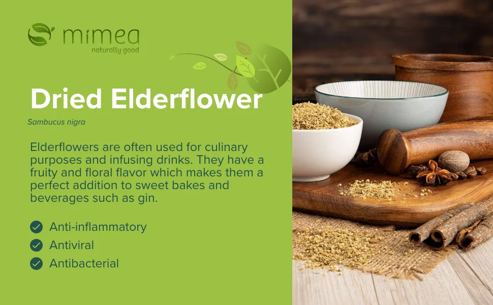 Mimea Elderflowers Dried | 1kg | Quality Ingredients | Great for Gin Distilling | Natural | No Additives | Floral Taste - product information 1