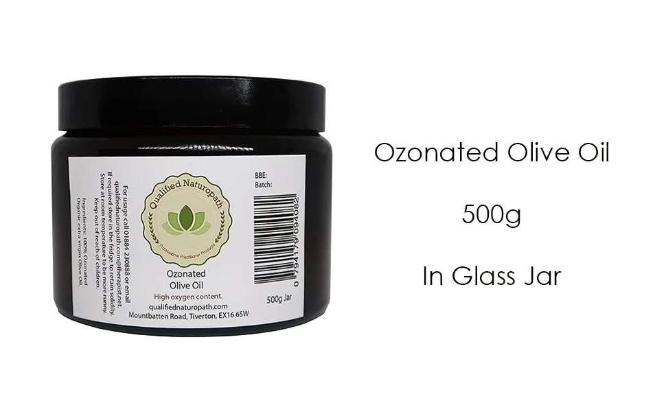 Ozonated Olive Oil (Organic Cold Pressed) - 500g (16.9 fl oz) - in Glass Jar - banner