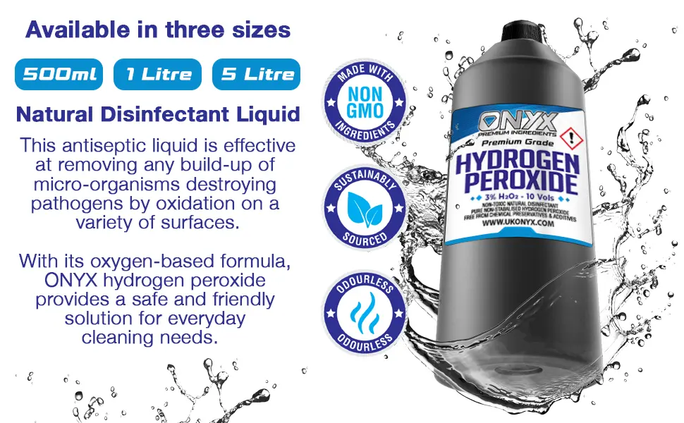 1 Litre (1000ml) ONYX Hydrogen Peroxide - Purest Grade 3% - Unstabilized and Additive Free - Food Grade - 10 Vols - Hydrogen, Peroxide, Cleaning, Disinfectant, Kitchen, Bathroom, Toilet, Car