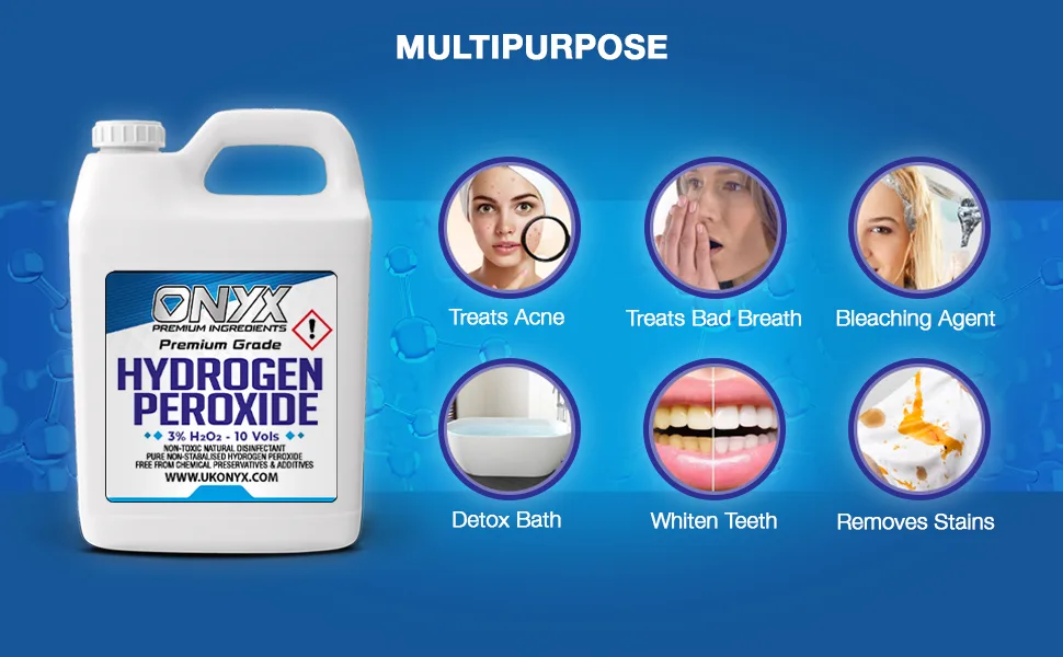 1 Litre (1000ml) ONYX Hydrogen Peroxide - Purest Grade 3% - Unstabilized and Additive Free - Food Grade - 10 Vols - Hydrogen, Peroxide, Disinfectant, Cleaning, Kitche, Bathroom, Car