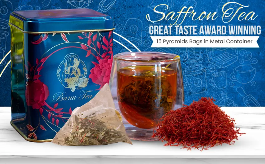 Saffron Tea - Great Taste Award Winning 15 Pyramids Bags in Metal Container (Black Tea with Saffron) - saffron tea