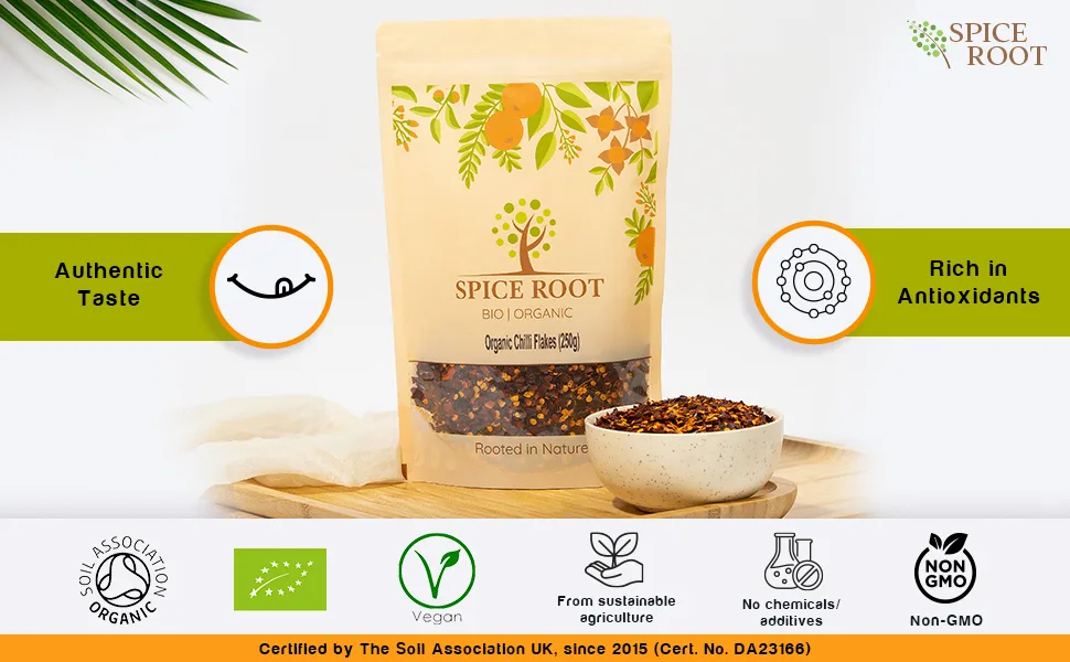 Organic Crushed Red Chilli Flakes 250g - Premium Quality Certified Organic Excellent Taste & Texture - Organic Chilli Flakes 250g