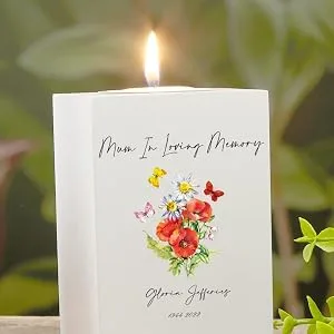 Personalised Mum Remembrance Memorial Tea Light Butterflies & Flowers - Memorial Tea Light