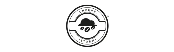 Cherry Storm - Sparkling Water Decaf - Decaffeinated Coffee Beans - 500g - 100% Arabica - Cherry Storm company logo, Black, Circular with cloud raining three coffee beans