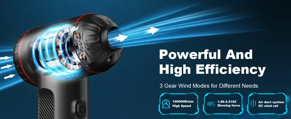FRESMOL - Compressed Air Duster - 3 Gear Adjustable 100000RPM Electric Air Duster - Rechargeable Cordless Air Blower with LED Light for Computer Keyboard Electric Devices Cleaning - Compressed Air Duster