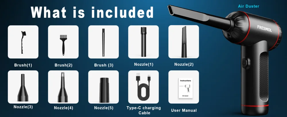 FRESMOL - Compressed Air Duster - 3 Gear Adjustable 100000RPM Electric Air Duster - Rechargeable Cordless Air Blower with LED Light for Computer Keyboard Electric Devices Cleaning - Compressed Air Duster