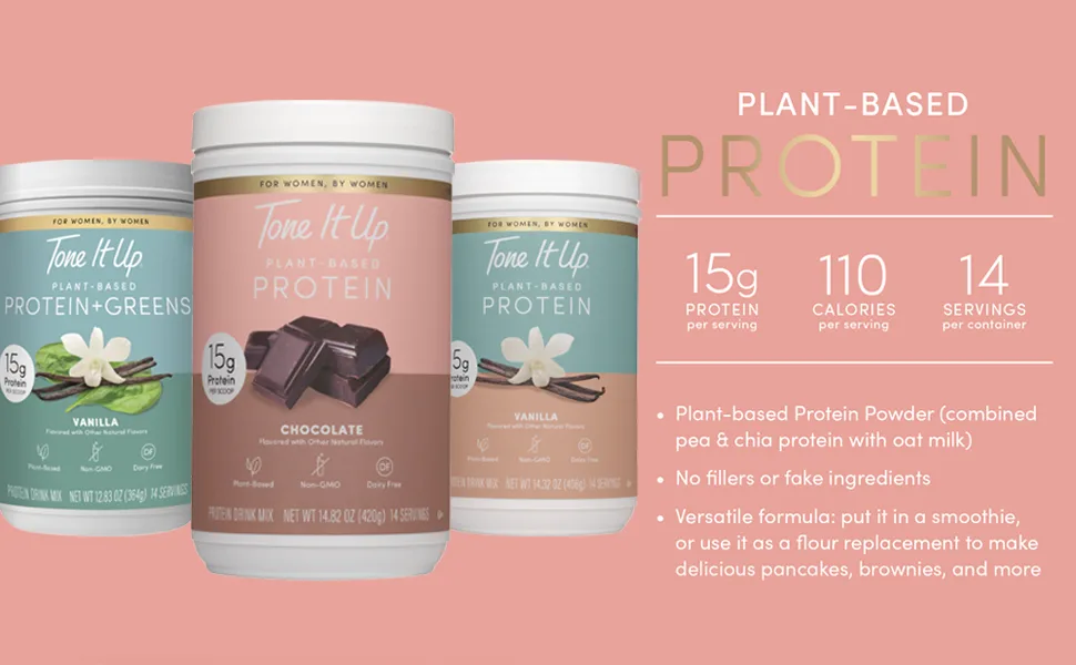 Tone It Up Plant Based Protein Powder I Dairy Free, Gluten-Free, Kosher, Non-GMO Pea & Chia Seed Protein and Oat Milk I for Women I 14 Servings, 15g of Protein – Chocolate Chocolate 14 Servings (Pack of 1) - tone it up