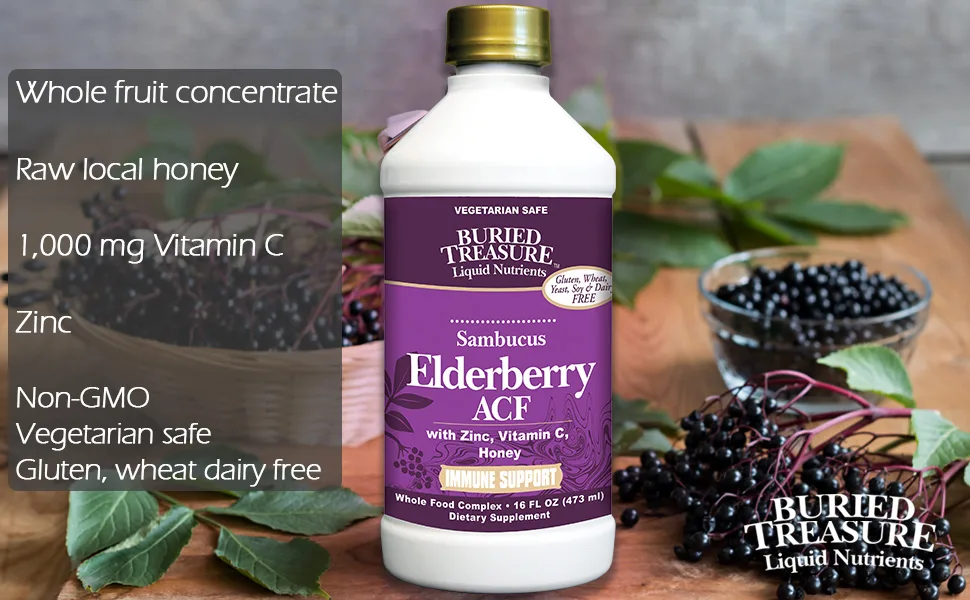 Buried Treasure Elderberry ACF Immune Support 16 fl oz (473 ml) - sambucol black elderberry elderberries sambucus dried elderberry concentrate syrup cold flu immune