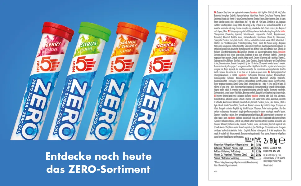 High5 Zero Elektrolyt Hydration tablets with the addition of vitamin C |Orange cherry |2 tubes with 20 tablets orange & cherry 2 x 20 tablets - ZERO Orange & Cherry Label
