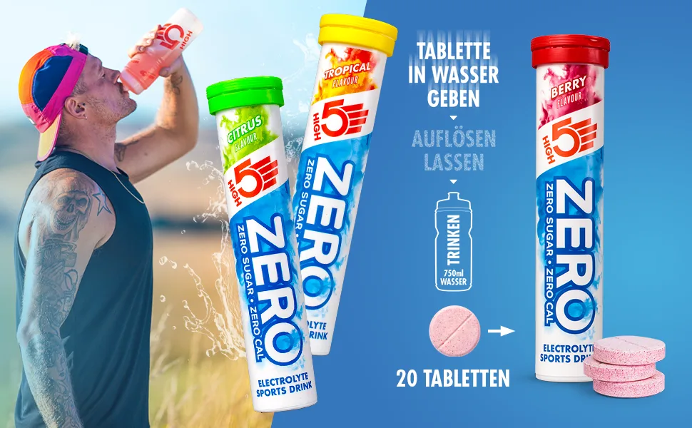 HIGH5 ZERO Electrolyte Hydration Tablets with added Vitamin C | Tropical | 2 tubes of 20 tablets Tropical 2 x 20 tablets - ZERO Header